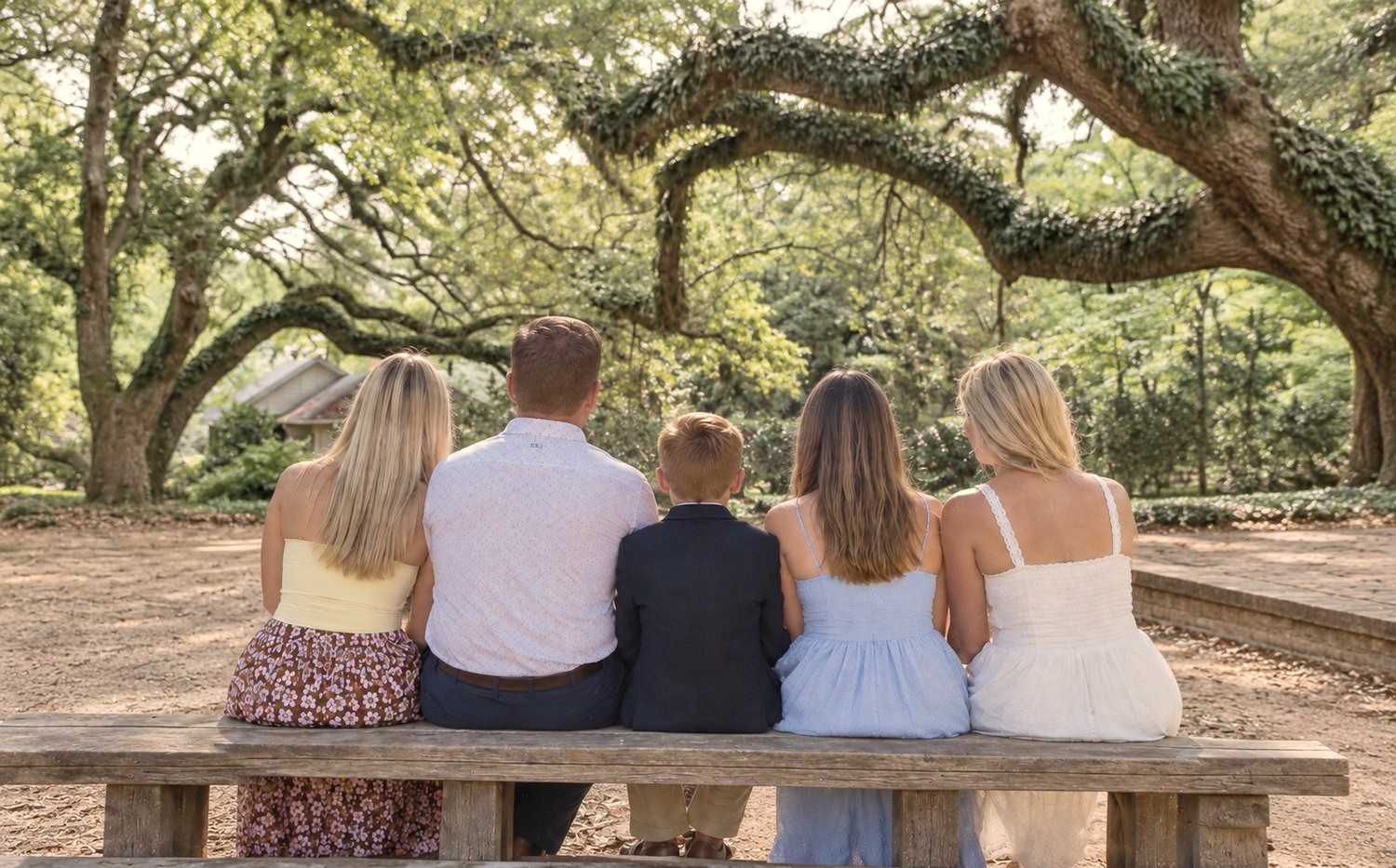 A family of five seen from behind, seated side by side on a wooden bench beneath the live oaks in Aiken