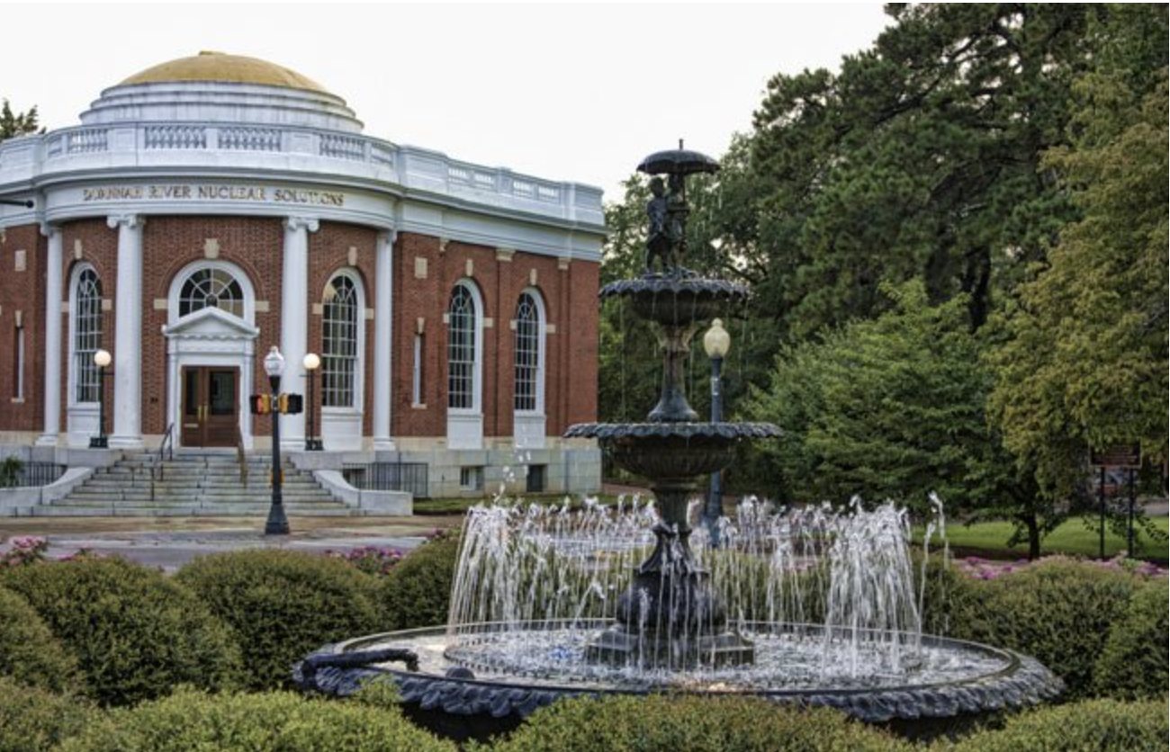 A fountain in front of Aiken's historic library
