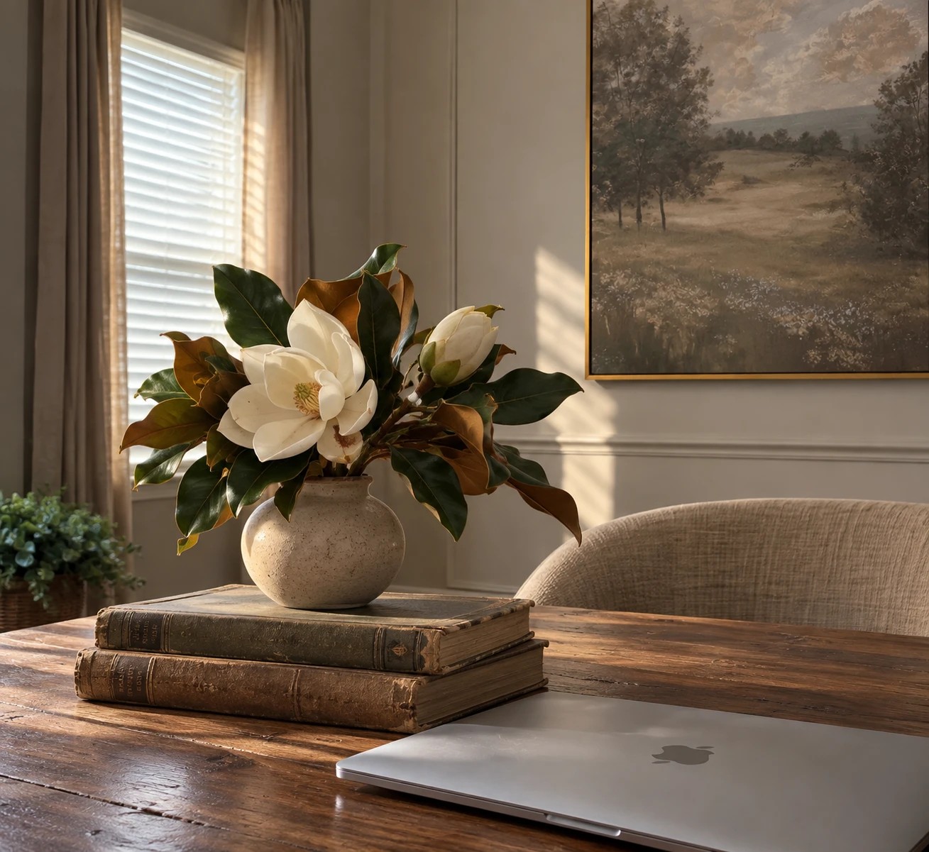 Magnolia blossoms in a stone vase on a stack of old books, with a closed laptop on a wooden table in warm window light.