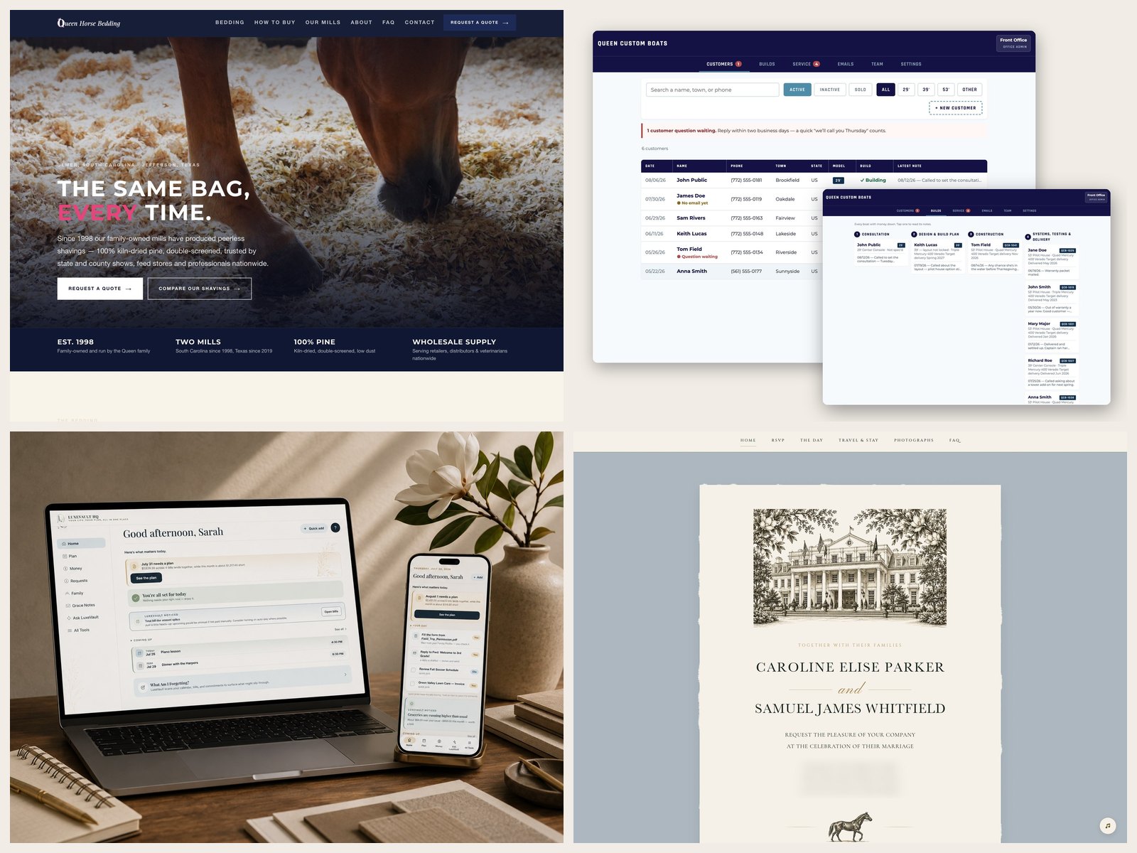Four live projects by Magnolia Grace & Co. — the Queen Horse Bedding website, the Queen Custom Boats shop system, LuxeVault, and a formal wedding site.