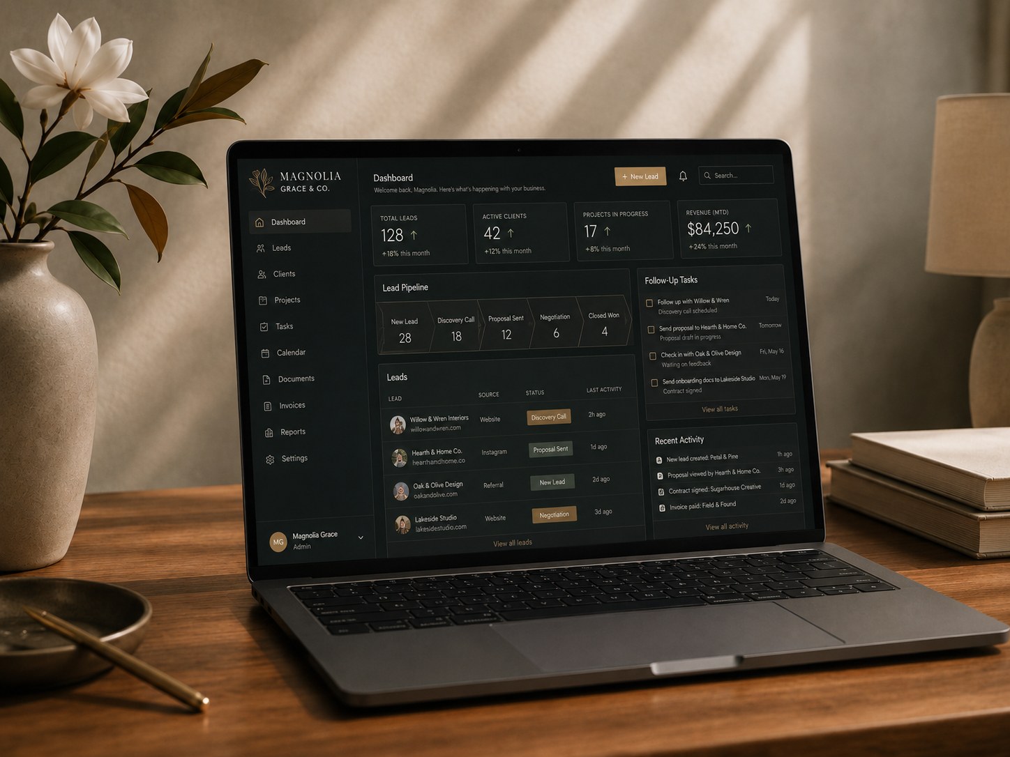 A workflow dashboard shown on a laptop — pipeline, tasks and activity.