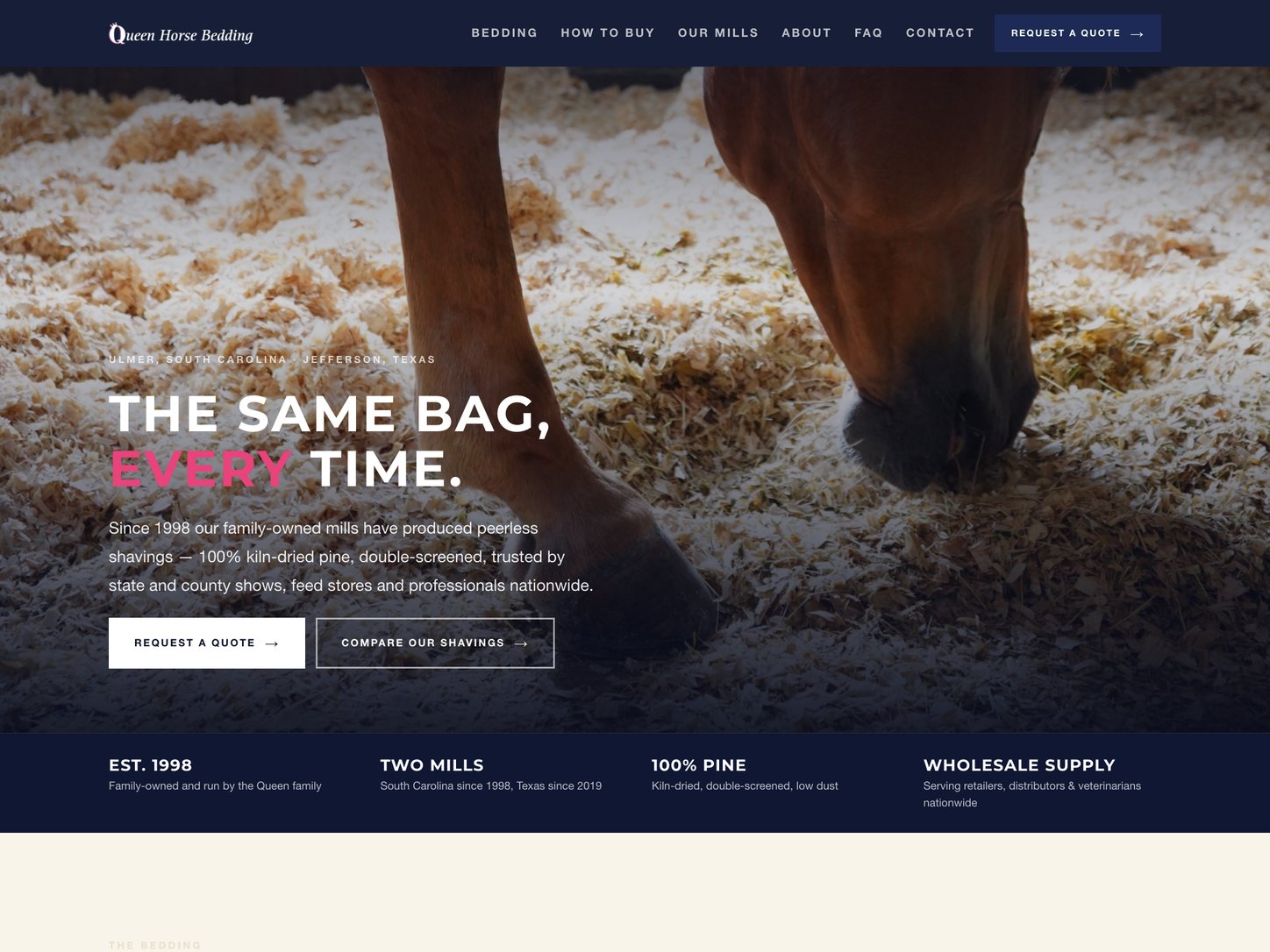 The Queen Horse Bedding website, designed and built by Magnolia Grace & Co., shown on a laptop.