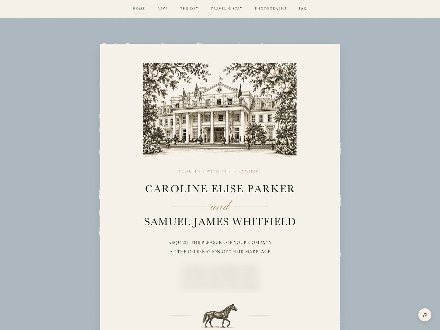 An elegant wedding website — an engraved venue illustration above a formal paper invitation.